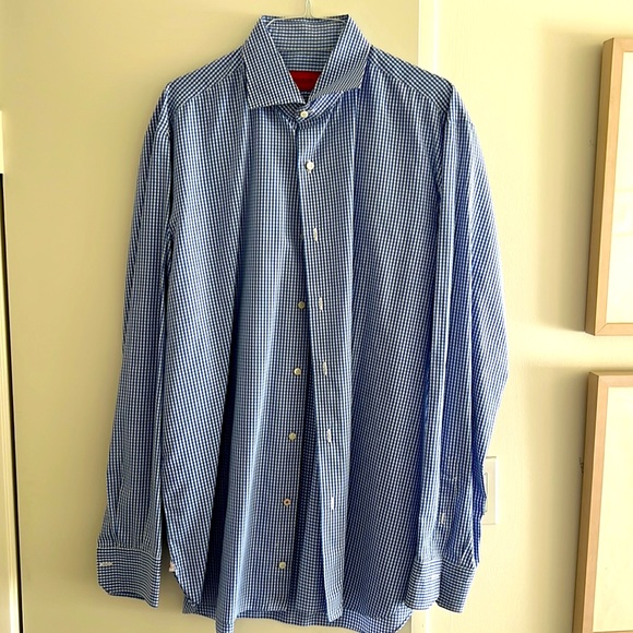 Isaia small checked blue and white long sleeve shirt. Worn once, like new. - Picture 2 of 5